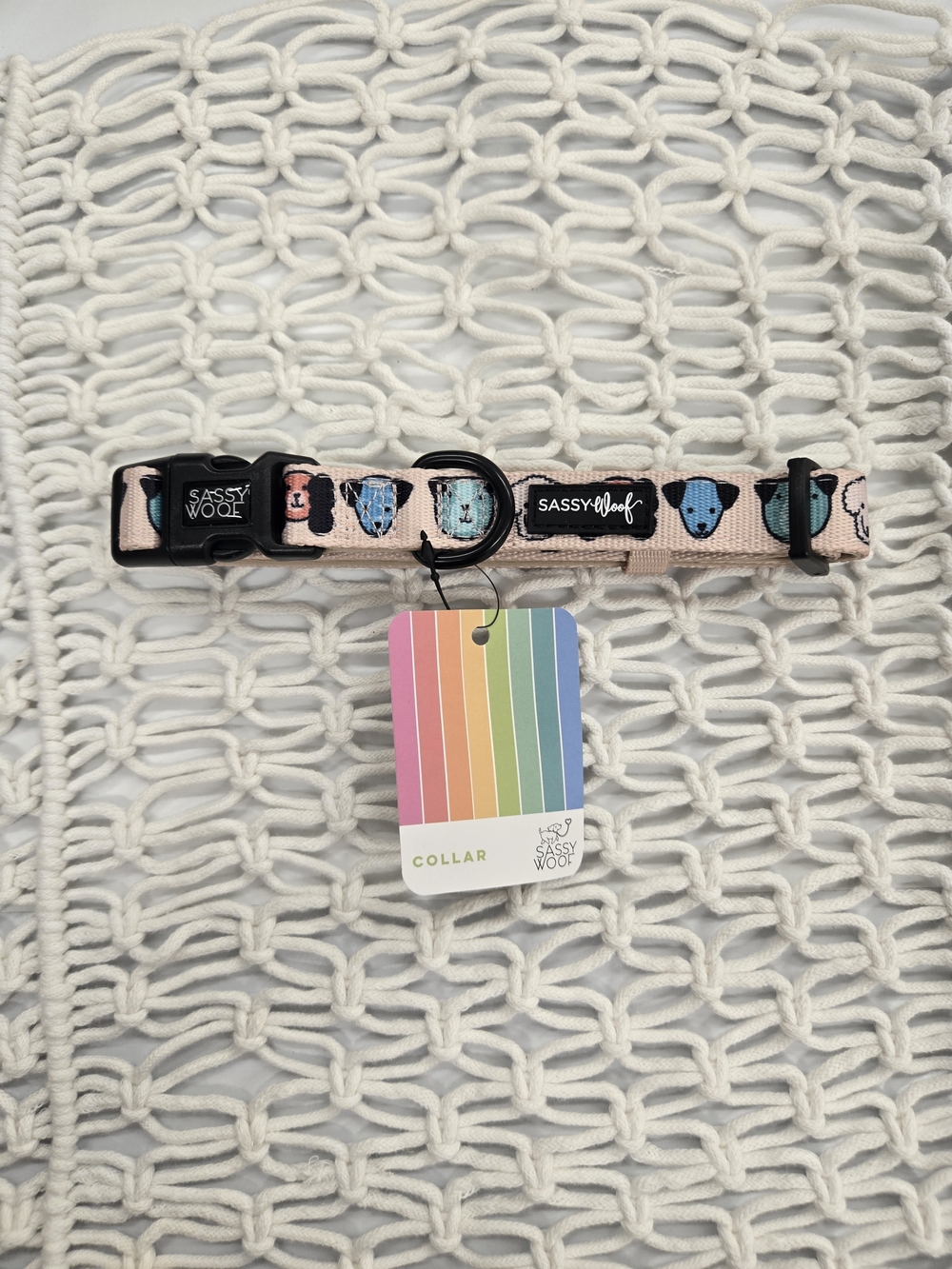 Sassy Woof Pink Dog Collar with Colorful Pup Print - Medium